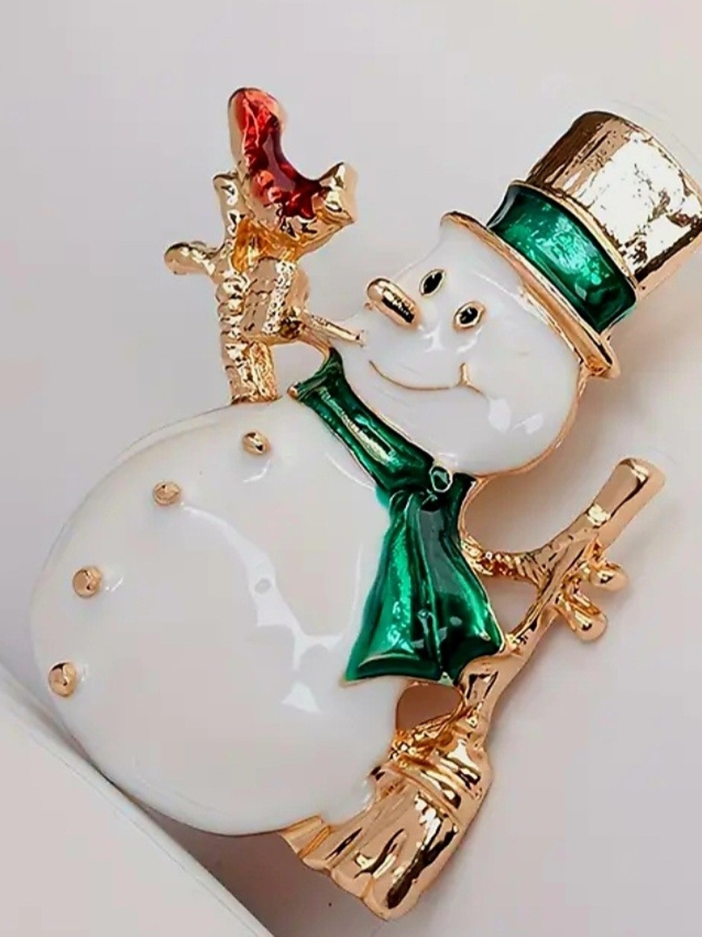 Festive White Snowman Brooch with Green Scarf and Gold Accents - Picture 3 of 4